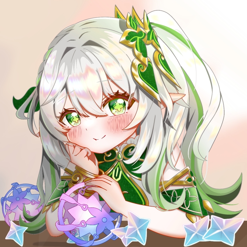 1girl blush bracelet closed_mouth commentary_request cross-shaped_pupils detached_sleeves genshin_impact gold_trim gradient_hair green_eyes green_hair green_sleeves hair_between_eyes hair_ornament head_rest highres intertwined_fate jewelry leaf_hair_ornament long_hair looking_at_viewer mugen_kinisii multicolored_hair nahida_(genshin_impact) pointy_ears primogem side_ponytail smile solo streaked_hair symbol-shaped_pupils white_hair
