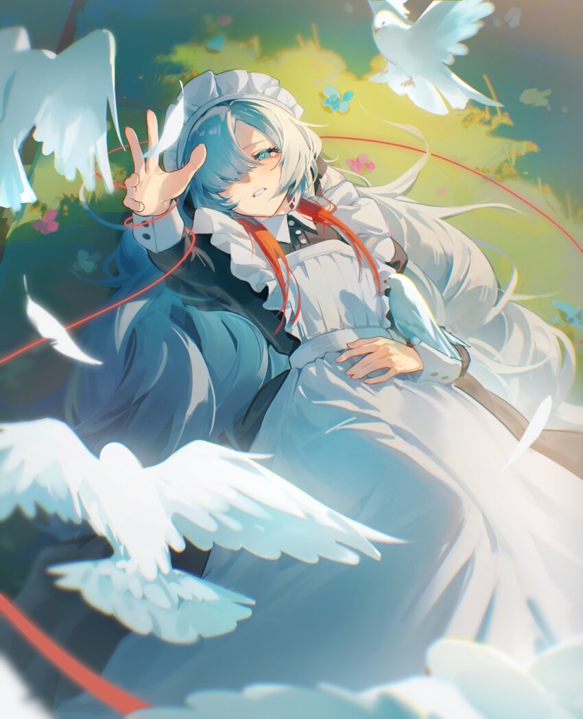 1girl absurdres alternate_costume apron bird black_dress blue_eyes dress enmaided falling_feathers feathers flower grey_hair hair_over_one_eye hashtag-only_commentary highres isekaijoucho juliet_sleeves kamitsubaki_studio kitk_qun long_dress long_hair long_sleeves looking_at_viewer lying maid maid_apron maid_headdress on_ground one_eye_covered pigeon puffy_sleeves reaching reaching_towards_viewer red_streaks sleeve_cuffs solo string string_of_fate teeth victorian_maid virtual_youtuber white_apron
