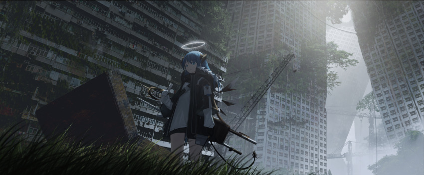 1girl absurdres arknights black_jacket black_shorts black_wings blue_hair building cowboy_shot day de4d_fish demon_horns demon_tail detached_wings energy_wings grass grey_sky halo highres holding holding_map horns jacket map mostima_(arknights) open_clothes open_jacket outdoors overgrown ruins scenery shirt shorts sky skyscraper solo staff standing tail textless_version white_shirt wings