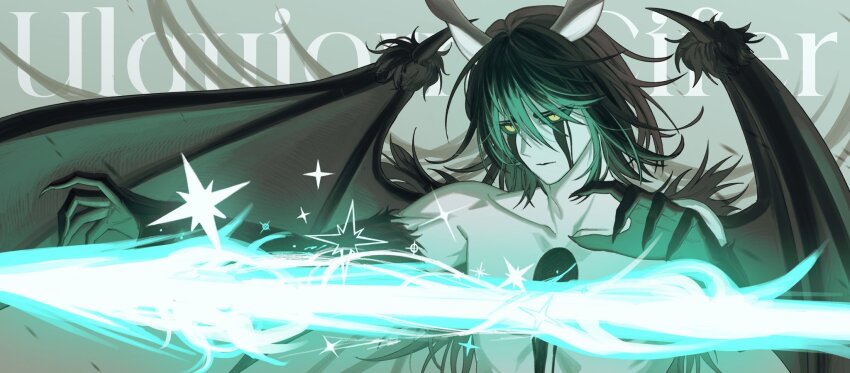 1boy arrancar black_fur black_hair black_wings bleach character_name closed_mouth collarbone colored_sclera demon_boy demon_horns demon_wings expressionless fingernails floating_hair glowing glowing_weapon green_sclera grey_background highres hole_in_chest hole_on_body horns korean_commentary long_bangs long_fingernails long_hair male_focus mark_under_both_eyes polearm resurreccion sharp_fingernails solo sparkle spear topless_male ulquiorra_cifer upper_body very_long_hair weapon wings wtrfuu yellow_eyes