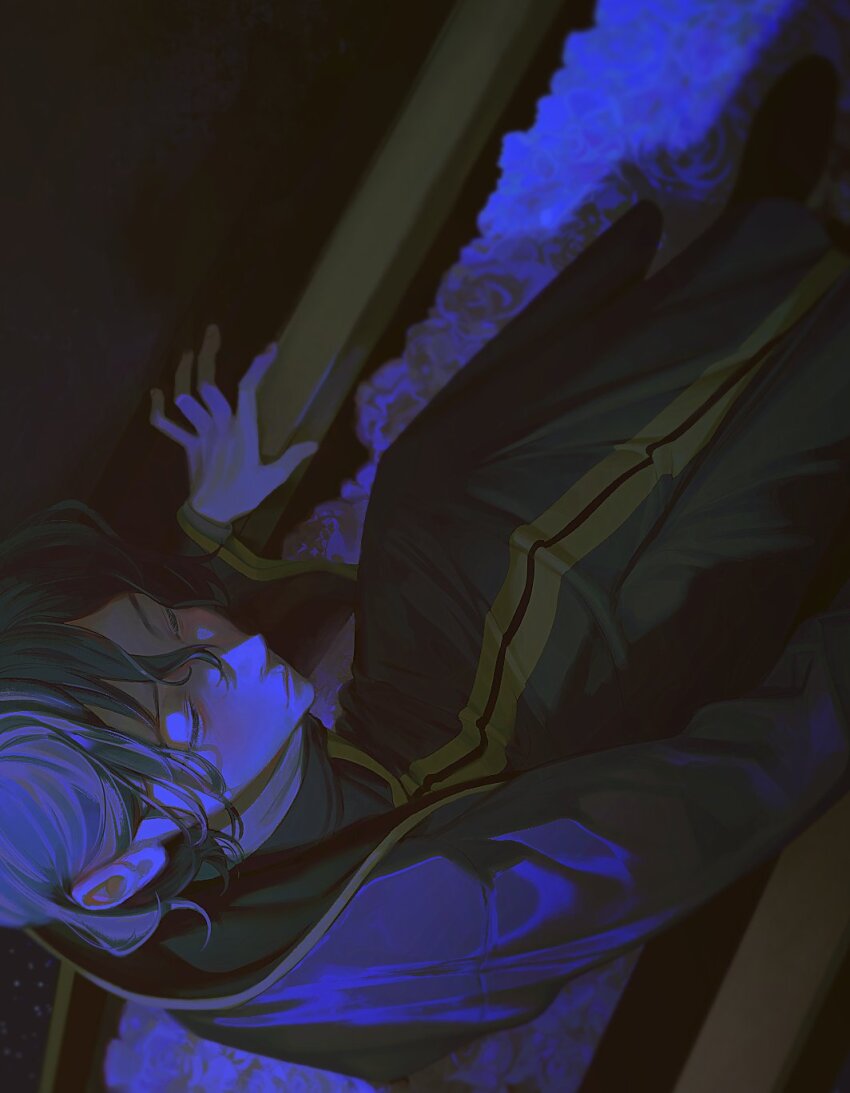1boy bed_of_roses black_hair black_robe black_shoes closed_eyes closed_mouth commentary_request duckchuni flower gold_trim hair_between_eyes highres korean_commentary long_sleeves male_focus robe rose saibou_shinkyoku shoes short_hair sitting solo utsugi_noriyuki white_flower white_rose