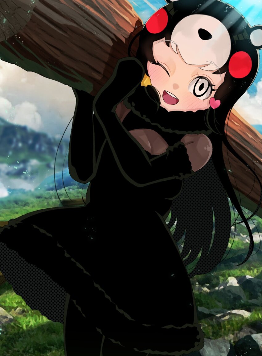 1girl animal_ears bear_ears bear_girl black_dress black_fur black_gloves black_hair black_pantyhose blush carrying chibi_kumamon_(kemono_friends) dress elbow_gloves fur_collar fur_trim gloves grey_eyes hair_ornament heart heart_hair_ornament highres kedama_(ughugjydthjdf) kemono_friends log long_hair looking_at_viewer multicolored_hair one_eye_closed open_mouth pantyhose red_hair sleeveless smile solo star_(symbol) star_hair_ornament white_hair