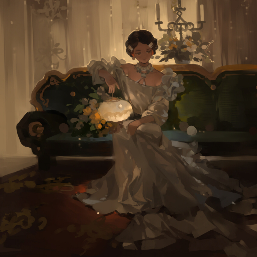 1girl aristocratic_clothes candle couch dress earrings flower gown highres jewelry long_dress long_sleeves necklace on_couch original shachang sitting solo white_dress