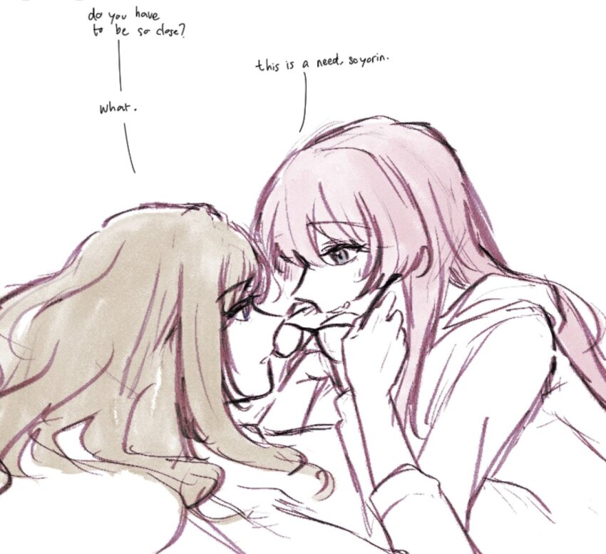 2girls bang_dream! bang_dream!_it&#039;s_mygo!!!!! blush brown_hair chihaya_anon commentary english_commentary english_text eye_contact fang glasses grey_eyes highres holding holding_removed_eyewear hug long_hair looking_at_another lying multiple_girls nagasaki_soyo niigouki open_mouth pink_hair sidelocks simple_background skin_fang unworn_eyewear white_background yuri