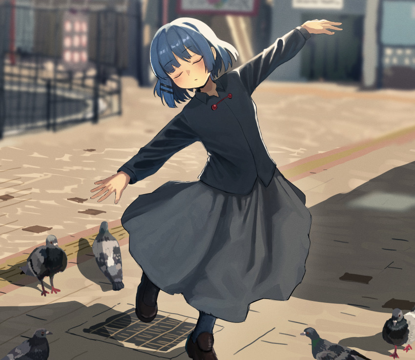1girl alternate_costume animal bird black_shirt black_socks blue_hair bocchi_the_rock! brown_shoes closed_eyes closed_mouth collared_shirt commentary_request day film_grain full_body grey_skirt hair_ornament hairclip highres kougekiryoku long_skirt long_sleeves outdoors outstretched_arms parallel_hairclips pigeon shadow shirt shoes short_hair sidelocks skirt socks solo spread_arms urban wing_collar yamada_ryo