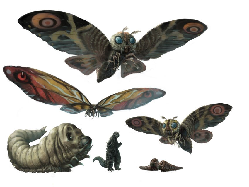 absurdres blue_eyes bug caterpillar claws dinosaur flying godzilla godzilla:_king_of_the_monsters godzilla_(series) highres insect kaiju legendary_pictures monsterverse moth mothra mothra_(film) mothra_(series) mothra_vs._godzilla multiple_persona no_humans siblings simple_background size_comparison size_difference stinger tail talons toho twins ultra-taf white_background wings