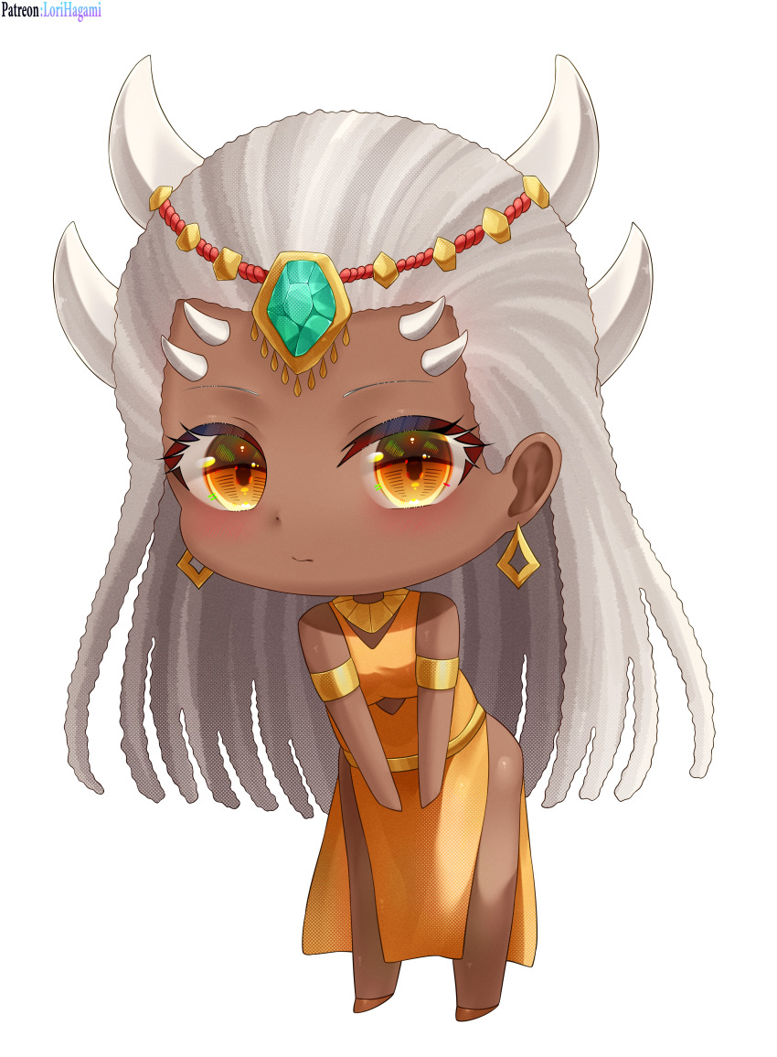 1girl absurdres armlet bare_shoulders barefoot blush bracelet breasts chibi dark-skinned_female dark_skin dreadlocks dress earrings gem highres horns jewelry long_hair looking_at_viewer lori_hagami necklace orange_dress orange_eyes queen_imani smile solo standing ways_of_darkness_(series) white_hair