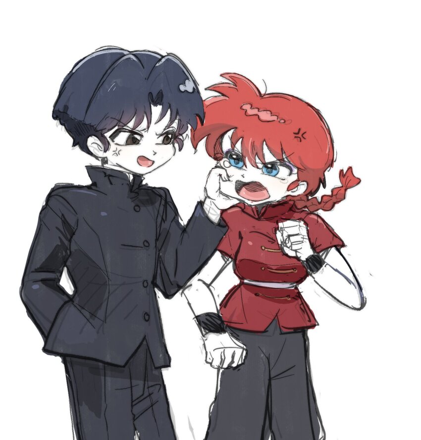 annoyed blue_eyes blue_hair chabun1020 chinese_clothes highres open_mouth ranma-chan ranma_1/2 red_hair short_hair simple_background tangzhuang tendou_akane white_background