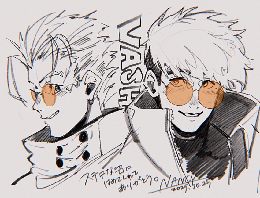 2boys artist_name character_name commentary create_nancy dated glasses hair_slicked_back highres light_blush male_focus mole mole_under_eye monochrome multiple_boys orange-tinted_eyewear parted_lips popped_collar round_eyewear short_hair sketch smile symbol-only_commentary tinted_eyewear trigun trigun_maximum trigun_stampede undercut vash_the_stampede