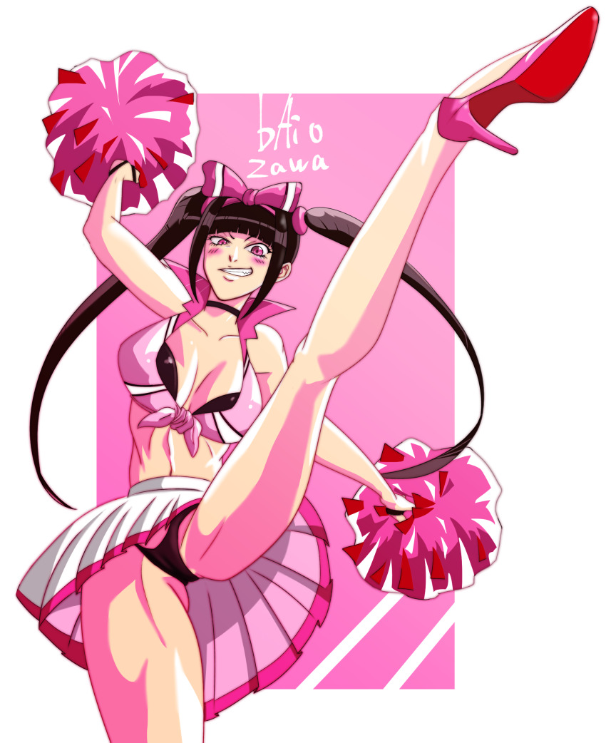 absurdres blush breasts capcom cheerleader han_juri high_heels highres pink_heels pink_skirt pom_pom pom_pom_(cheerleading) skirt street_fighter teeth twintails underwear