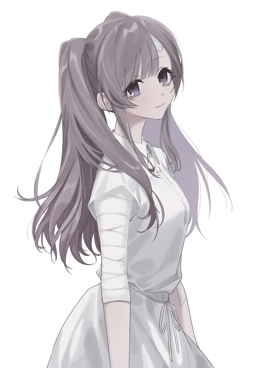 1girl arms_at_sides bandaged_arm bandages bandaid bandaid_on_arm bandaid_on_face bandaid_on_forehead breasts closed_mouth collared_dress commentary_request cowboy_shot dress from_side grey_hair head_tilt highres idolmaster idolmaster_shiny_colors long_hair looking_at_viewer looking_to_the_side medium_breasts purple_eyes sa_tsuko short_sleeves sidelocks simple_background solo swept_bangs turning_head twintails white_background white_dress yukoku_kiriko