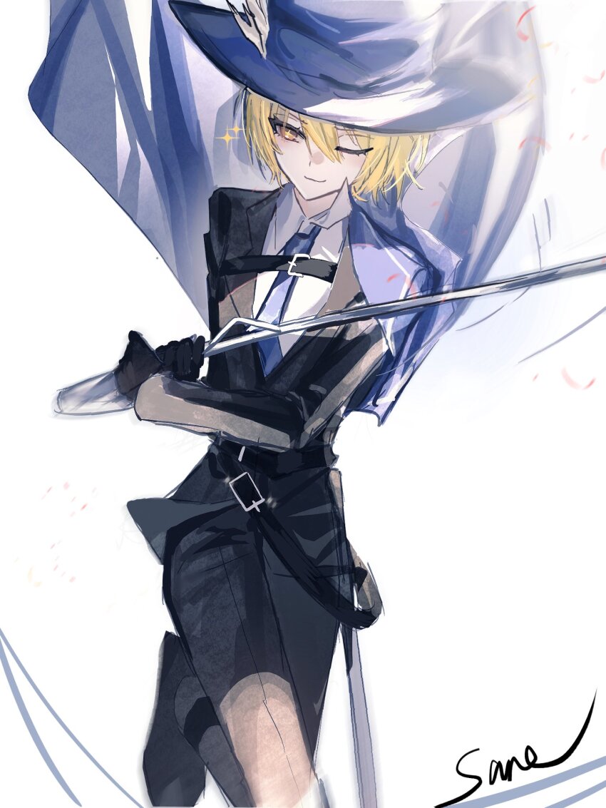 1girl belt black_gloves blonde_hair blue_cape blue_hat blue_necktie cape cinq_association_west_uniform collared_shirt cowboy_shot don_quixote_(project_moon) gloves hat highres holding holding_sword holding_weapon limbus_company looking_at_viewer necktie one_eye_closed project_moon rapier shirt short_hair simple_background smile solo sparkle sparkling_eyes sword sysy1820989 weapon white_background white_shirt