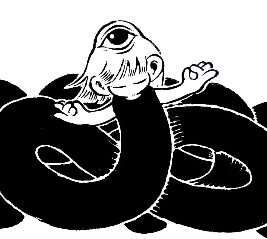 15ooo 1girl closed_eyes female_focus greyscale highres lamia medium_hair monochrome monster_girl no_mouth no_nose original outline simple_background sleeveless solo third_eye white_background white_hair white_outline
