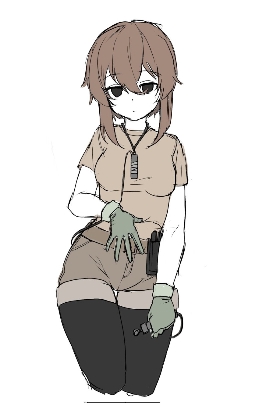 1girl black_pantyhose brown_hair cowboy_shot gloves highres looking_at_viewer military_uniform nine_(kanine41) original pantyhose shirt shorts simple_background solo t-shirt thigh_gap twitter white_background