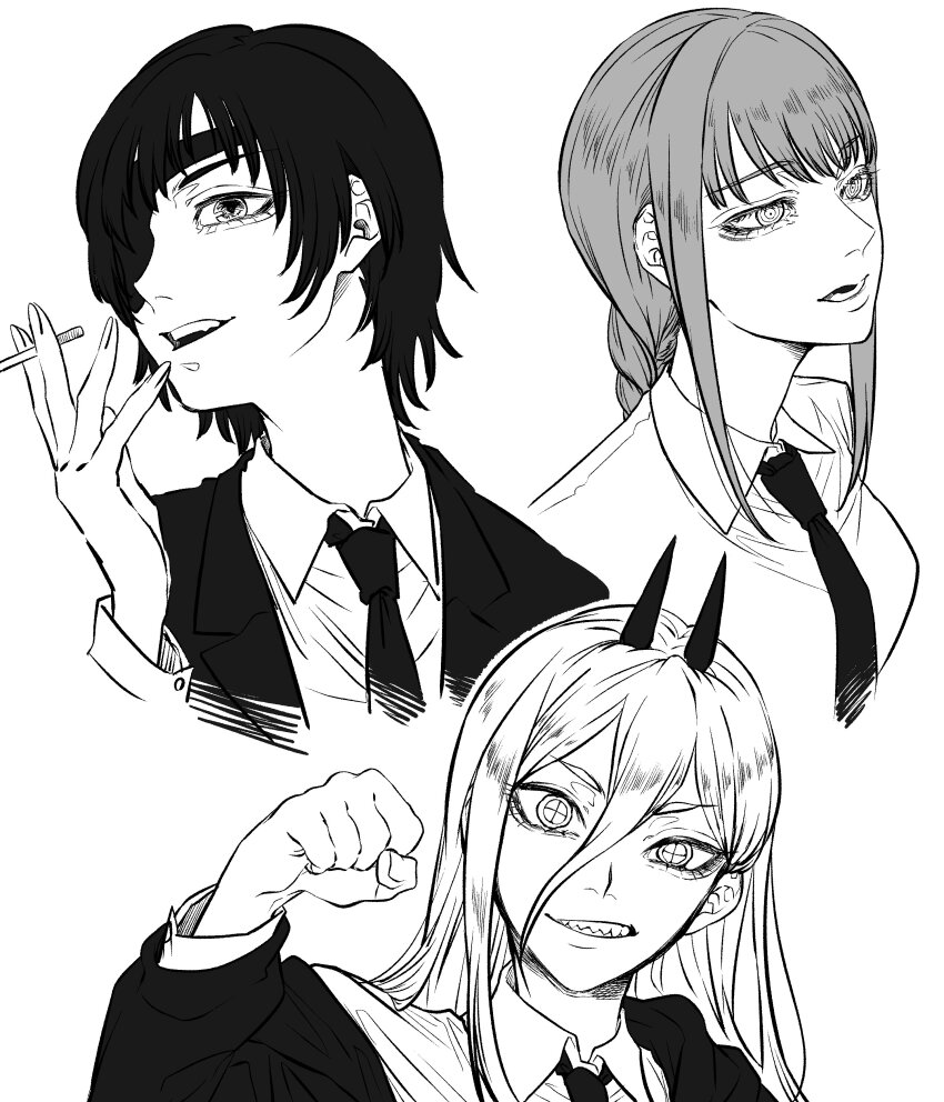 3girls absurdres braid braided_ponytail chainsaw_man cigarette clenched_hand collared_shirt cross-shaped_pupils eyepatch formal_clothes hair_between_eyes haru_rice highres himeno_(chainsaw_man) holding holding_cigarette jacket long_hair looking_at_viewer makima_(chainsaw_man) multiple_girls necktie open_mouth parted_lips power_(chainsaw_man) ringed_eyes sharp_teeth shirt short_hair sidelocks simple_background suit suit_jacket symbol-shaped_pupils teeth white_background