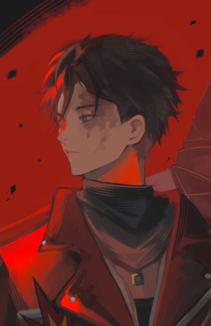1boy black_hair black_jacket black_neckerchief blue_eyes closed_mouth commentary english_commentary highres j_(reverse:1999) jacket jewelry klepon leather leather_jacket looking_to_the_side neckerchief necklace reverse:1999 scar scar_across_eye scar_on_face