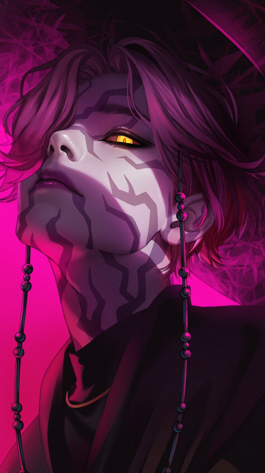 1boy absurdres black_hanbok closed_mouth colored_skin compression_shirt demon_boy facial_tattoo gat_(hat) gatkkeun hair_over_one_eye hanbok hat highres korean_clothes korean_traditional_hat kpop_demon_hunters lips looking_at_viewer male_focus merururuu mystery_(kpop_demon_hunter) neck_tattoo orange_pupils parted_bangs pink_background pink_hair purple_skin short_hair slit_pupils solo tattoo upper_body yellow_eyes