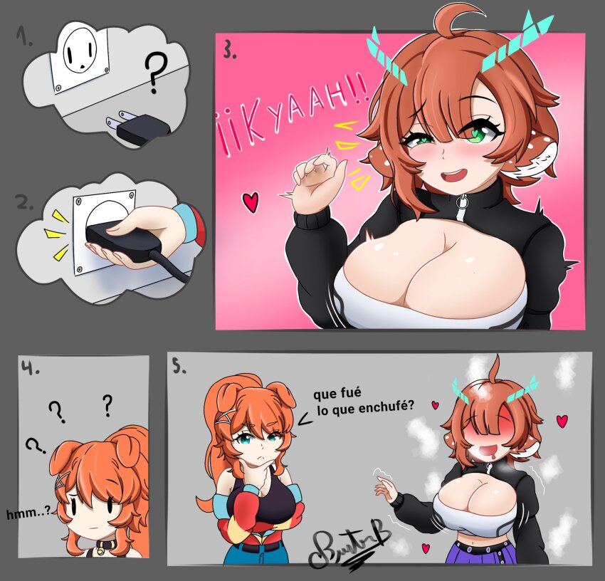 2girls 5koma ? animal_ears antlers aqua_eyes arm_at_side black_shrug black_tank_top blue_jacket blue_pants blush breasts breath buster-art cleavage close-up closed_mouth comic confused cropped_shirt deer_antlers deer_ears deer_girl dog_ears dog_girl drooling eyebrows eyelashes faceless faceless_female fake_antlers female_focus green_eyes grey_background half-closed_eye hand_up harper_strikes_(vtuber) heavy_breathing highres horns indie_virtual_youtuber jacket jacket_partially_removed large_breasts lilybell_(vtuber) long_hair long_sleeves multicolored_jacket multiple_girls navel open_mouth orange_hair pants pink_background ponytail purple_pants red_jacket rolling_eyes saliva shirt short_hair shrug_(clothing) simple_background smile spanish_text strapless strapless_shirt tank_top teeth torogao translated unzipped upper_body upper_teeth_only virtual_youtuber white_shirt yellow_jacket