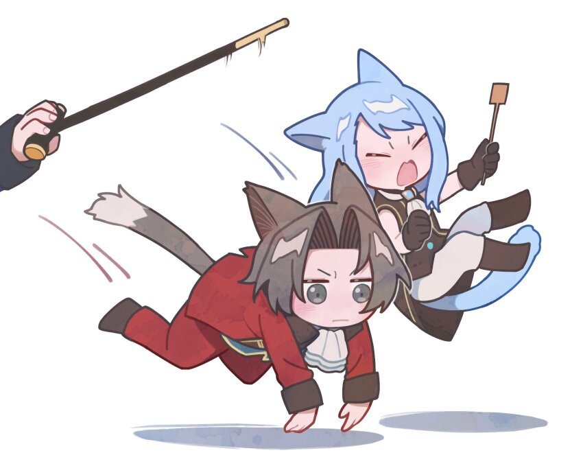 ace_attorney ace_attorney_investigations ace_attorney_investigations:_miles_edgeworth aged_down animal_ears ascot baked_frost black_footwear black_gloves blue_hair brother_and_sister brother_and_step-sister cane cat_boy cat_ears cat_girl cat_tail chibi chibi_only closed_eyes closed_mouth franziska_von_karma gloves grey_eyes grey_hair highres holding holding_cane holding_riding_crop jacket kemonomimi_mode light_blue_hair manfred_von_karma medium_hair miles_edgeworth open_mouth out_of_frame pants parted_bangs red_jacket red_pants riding_crop short_hair siblings simple_background step-brother_and_step-sister step-siblings tail thrown white_ascot white_background white_pants