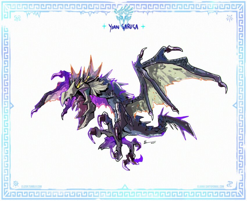 border character_name dated dragon eliz0r email_address highres monster monster_hunter:_world monster_hunter_(series) monster_hunter_world:_iceborne signature simple_background tumblr_username wings yian_garuga