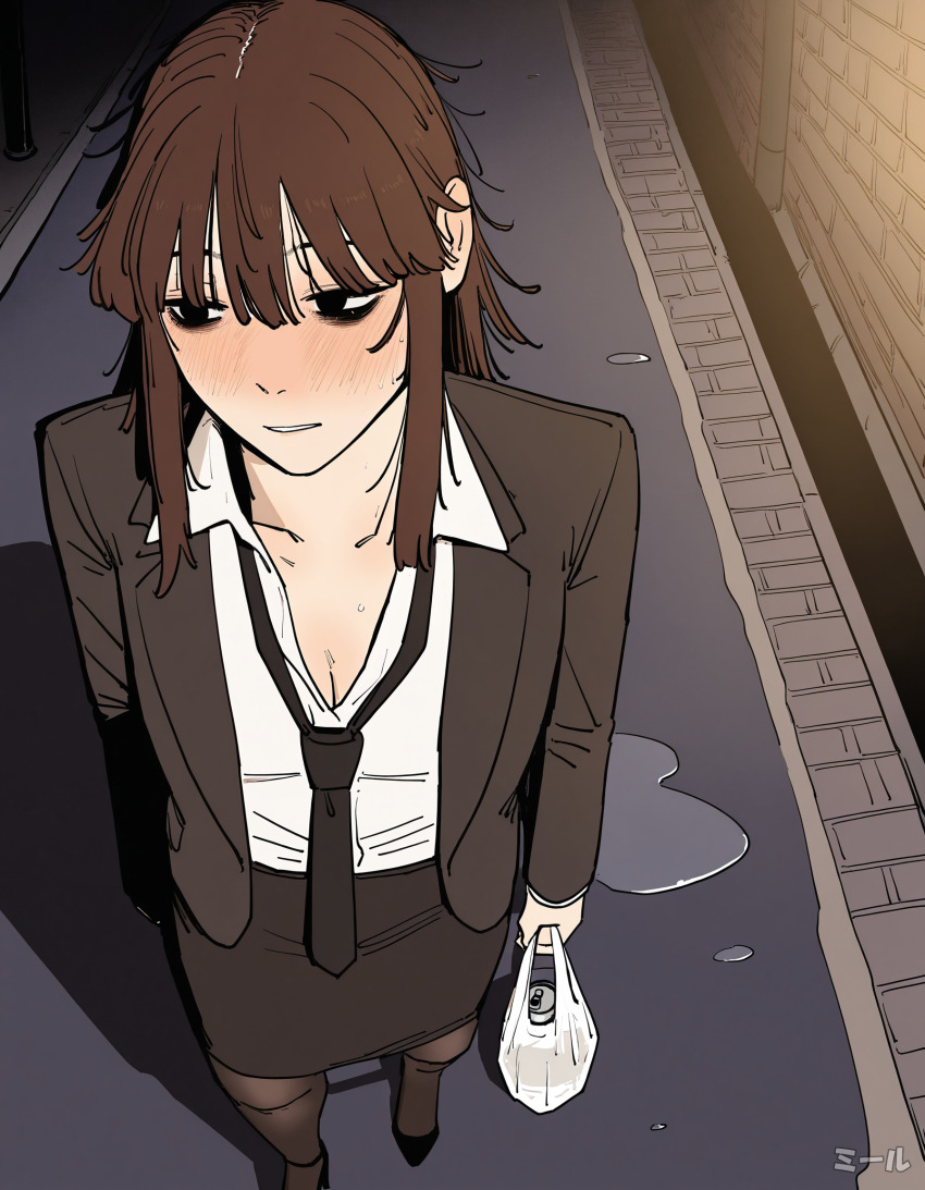 1girl bag bags_under_eyes black_eyes black_jacket black_necktie black_pantyhose black_shoes black_skirt brown_hair can choppy_bangs collared_shirt commentary_request dark dress_shirt exhausted formal_clothes from_above full_body grocery_bag high-waist_skirt high_heels highres holding holding_bag jacket long_sleeves messy_hair necktie night office_lady open_clothes open_jacket original outdoors pantyhose parted_lips pencil_skirt plastic_bag redcalypso shadow shirt shoes shopping_bag sidelocks sideways_glance signature skirt skirt_suit solo standing suit suit_jacket undone_necktie white_shirt