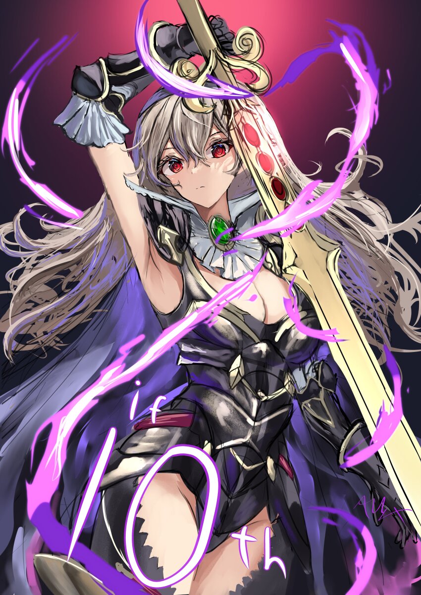 1girl absurdres arerex armor armored_leotard black_armor black_hairband breasts cape cleavage closed_mouth female_corrin_(fire_emblem) female_corrin_(nohr_noble)_(fire_emblem) fire_emblem fire_emblem_fates fire_emblem_heroes gauntlets gloves grey_hair hair_between_eyes hairband highres holding holding_sword holding_weapon leotard long_hair looking_at_viewer medium_breasts nintendo official_alternate_costume pointy_ears red_eyes solo sword thighhighs thighs weapon white_hair yato_(fire_emblem)