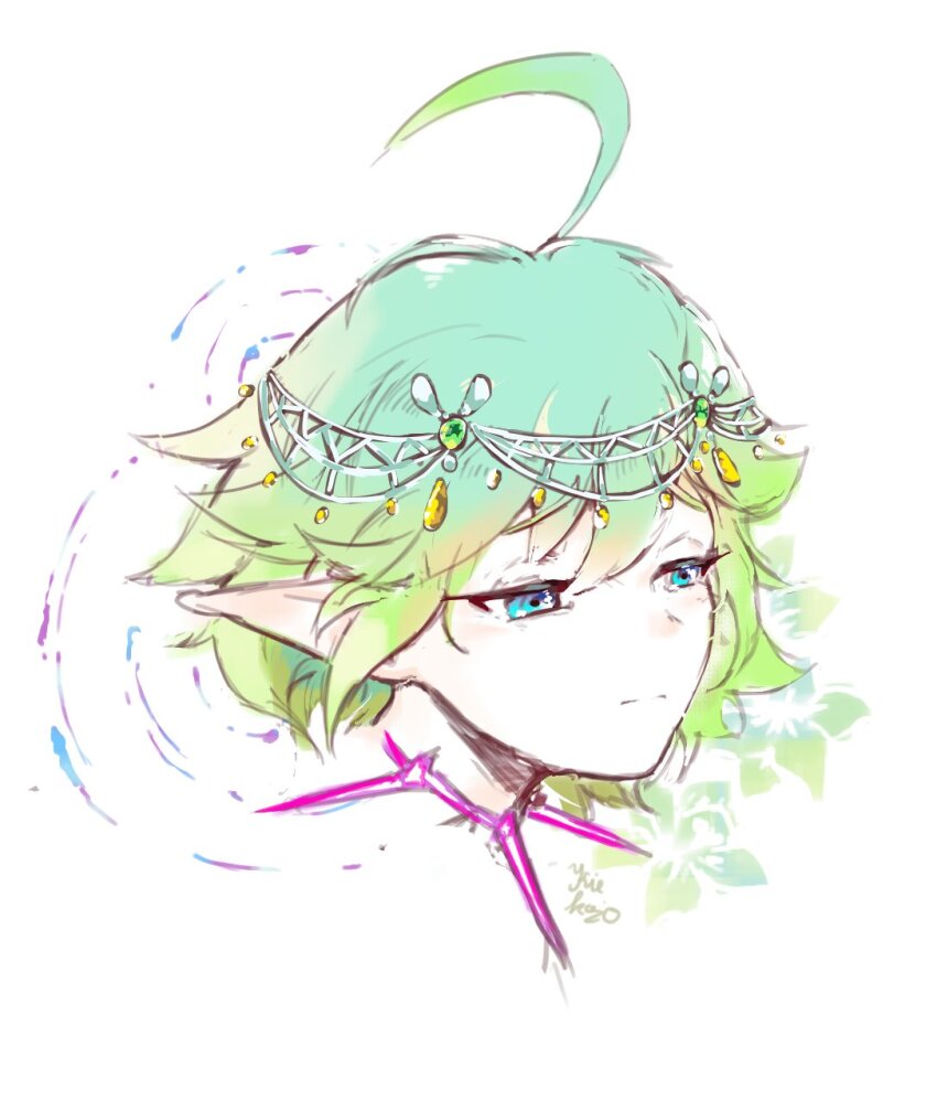 blue_eyes echo_(housamo) flower green_hair hair_ornament headshot highres kiekoio looking_to_the_side pointy_ears sad sketch tokyo_houkago_summoners white_background