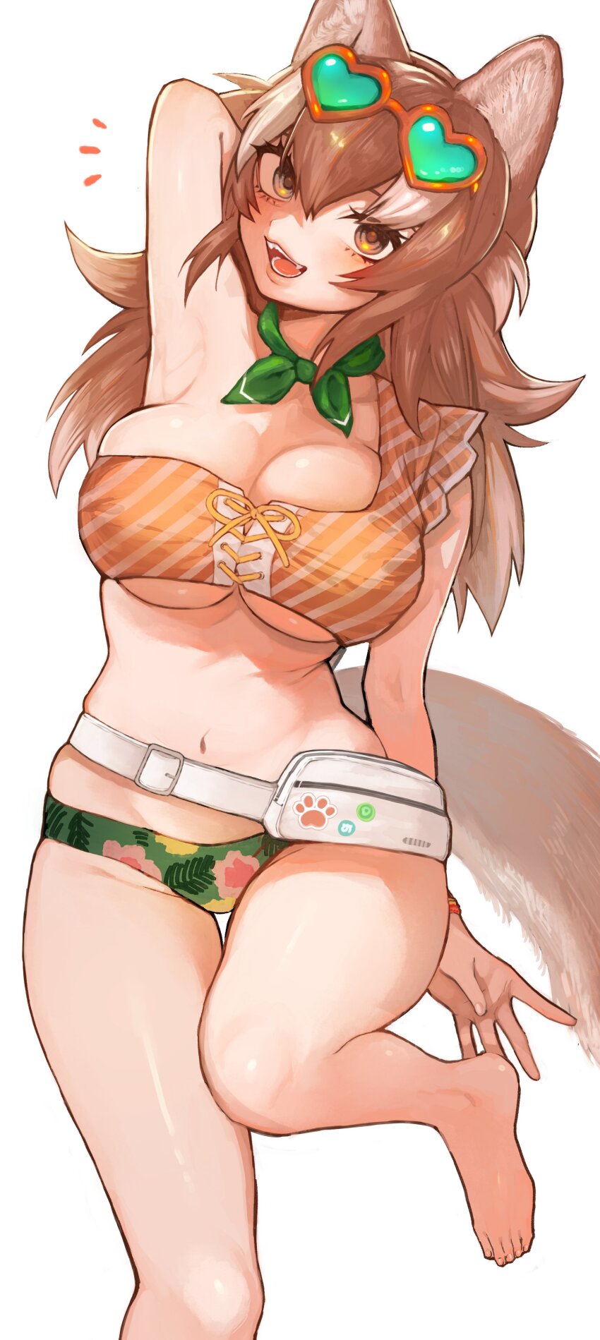 1girl absurdres animal_ears asano_(asamusuko) bare_arms bare_legs bare_shoulders bikini blush bracelet breasts brown_hair cowboy_shot eyewear_on_head fangs floral_print_bikini frilled_bikini frills green_bikini green_scarf hair_between_eyes heart heart-shaped_eyewear hetero highres japanese_wolf_(kemono_friends) jewelry kemono_friends kemono_friends_3 large_breasts multicolored_hair navel official_alternate_costume open_mouth orange_bikini orange_eyes scarf sidelocks solo swimsuit tail white_hair wolf_ears wolf_girl wolf_tail