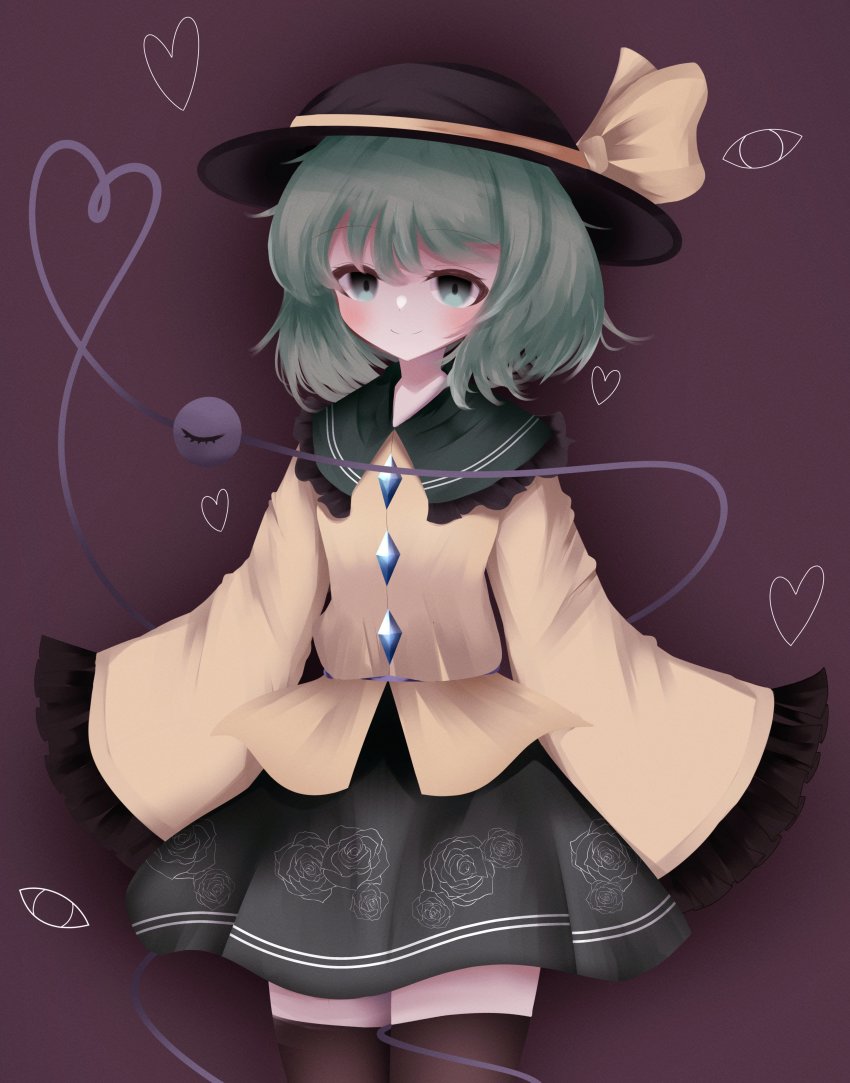 1girl absurdres black_background black_hat black_thighhighs closed_mouth cowboy_shot floral_print green_hair green_skirt hat hat_ribbon heart heart_of_string highres komeiji_koishi looking_at_viewer ribbon rose_print shirt short_hair simple_background skirt smile solo standing thighhighs third_eye touhou waroemon yellow_ribbon yellow_shirt