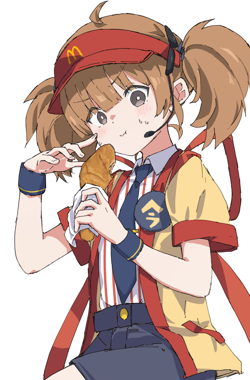 1girl absurdres ahoge badge black_necktie black_shorts blush bread brown_hair button_badge collared_shirt commentary_request eating food hat headset highres holding holding_food imadake_dabuchi_tabemi looking_at_viewer mcdonald&#039;s necktie open_mouth red_hat shirt shorts solo standing striped_clothes striped_shirt transparent_background twintails visor_cap white_shirt yellow_happi yucblossom