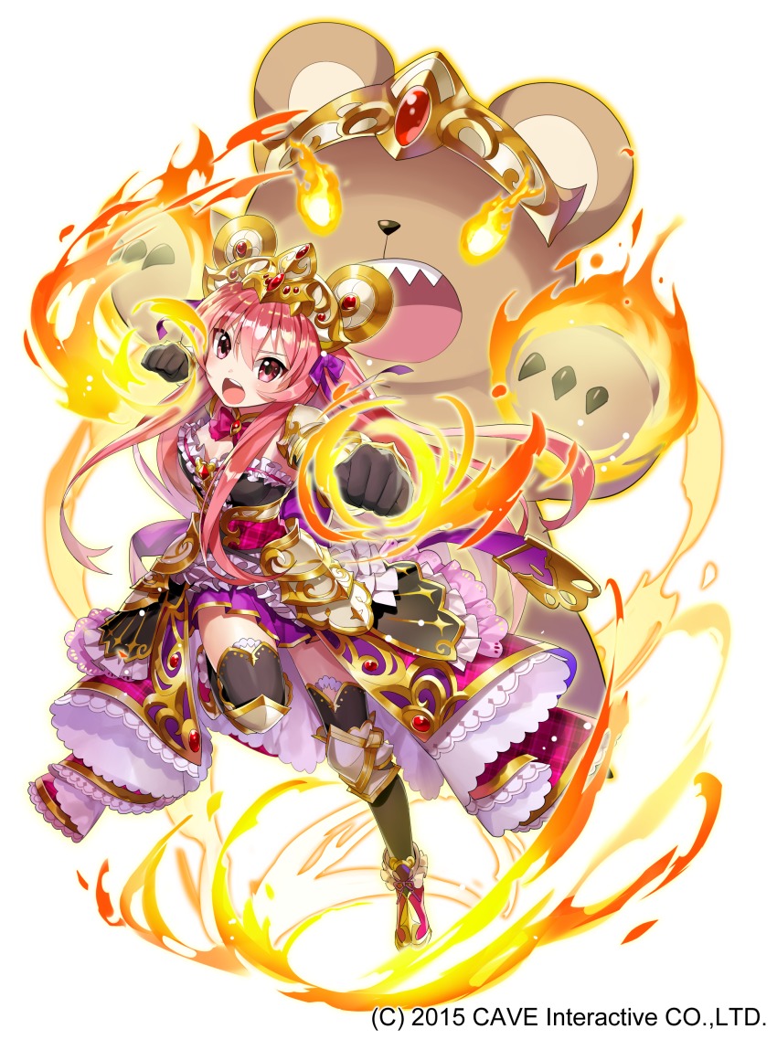 1girl absurdres aura black_gloves black_thighhighs blush boots female_focus fighting_stance fire flaming_eye frilled_skirt frills gloves gothic_wa_mahou_otome headpiece high_heel_boots high_heels highres knee_pads long_hair looking_at_viewer masyu_yuyu official_art open_mouth pink_eyes pink_hair pink_skirt red_boots round_teeth showgirl_skirt simple_background skirt solo stuffed_animal stuffed_toy teddy_bear teeth thighhighs underbust white_background