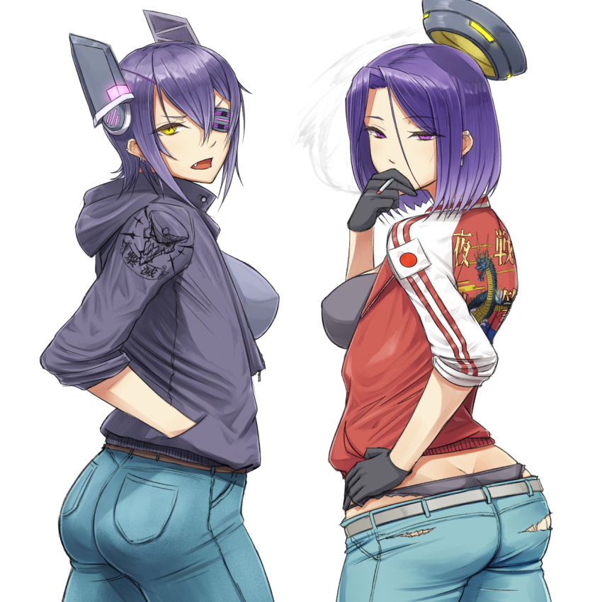 10s 2girls ass bad_id bad_pixiv_id breasts butt_crack casual cigarette clothes_writing denim eyepatch fang gloves halo headgear highres jeans kantai_collection looking_back mechanical_halo mob3 multiple_girls panties pants purple_eyes purple_hair short_hair smoking tatsuta_(kancolle) tenryuu_(kancolle) torn_clothes underwear whale_tail_(clothing)