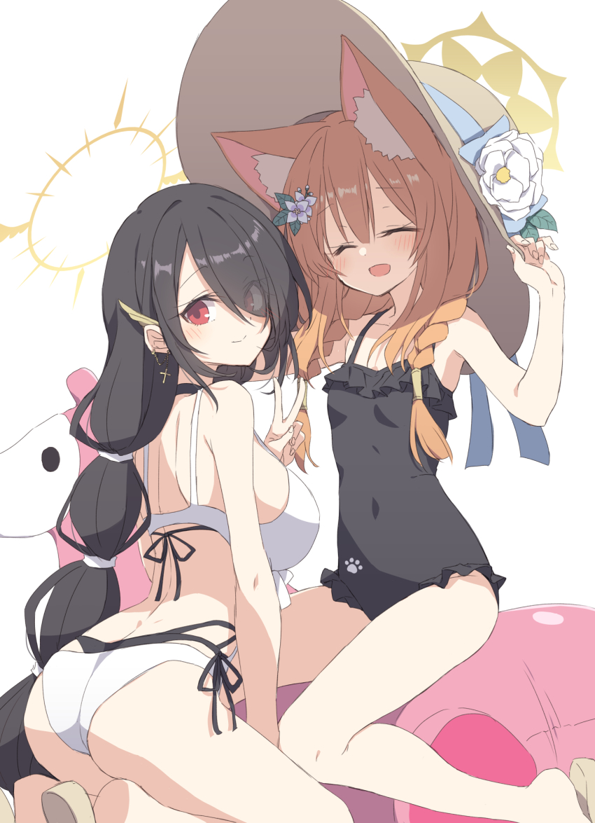 2girls animal_ears bikini black_hair blue_archive breasts cat_ears fox_ears halo highres hinata_(blue_archive) hinata_(swimsuit)_(blue_archive) large_breasts long_hair mari_(blue_archive) mari_(swimsuit)_(blue_archive) multiple_girls official_alternate_costume one-piece_swimsuit orange_hair red_eyes satou_kibi swimsuit thighs white_bikini