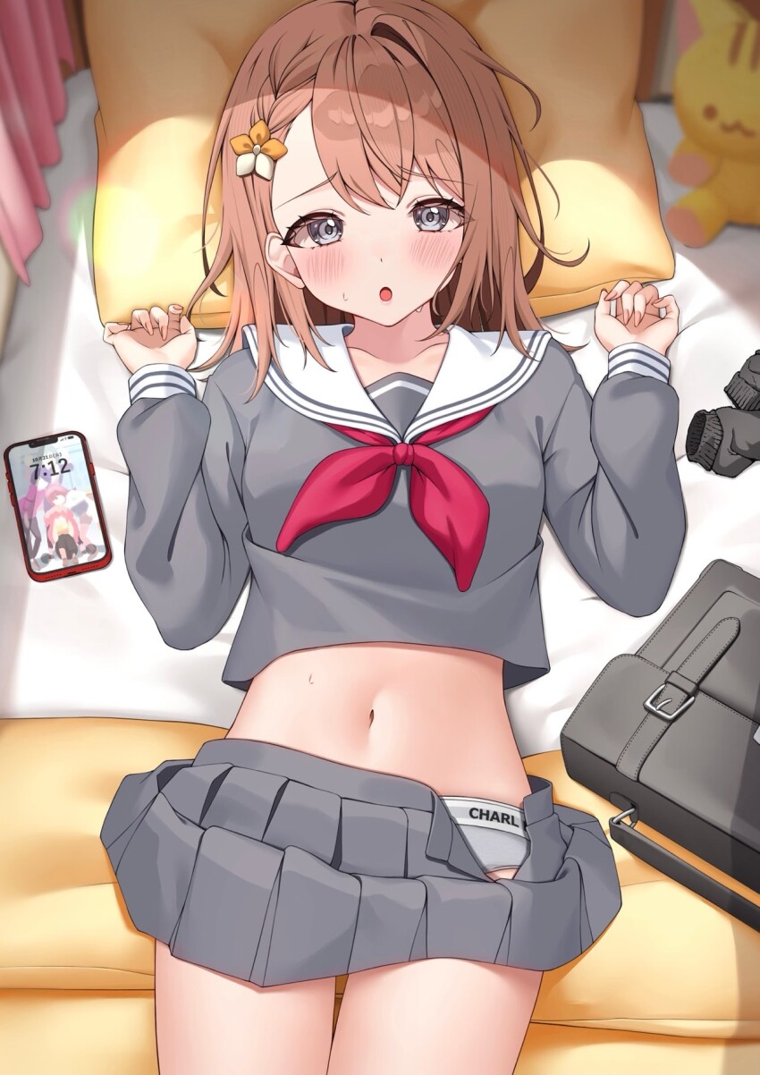 1girl :o artist_name bag bed bed_sheet black_socks blush braid breasts brown_hair cellphone charl2837 clothes_lift clothes_writing collarbone commentary_request cowboy_shot crop_top curtains fingernails flower grey_eyes grey_panties grey_serafuku grey_shirt grey_skirt hair_behind_ear hair_flower hair_ornament hanasato_minori hands_up highres indoors long_fingernails long_sleeves looking_at_viewer lying medium_hair midriff miniskirt miyamasuzaka_girls&#039;_academy_school_uniform navel neckerchief on_back on_bed open_clothes open_mouth open_skirt panties parted_lips phone pillow pleated_skirt project_sekai red_neckerchief sailor_collar school_bag school_uniform serafuku shirt side_braid single_sidelock skirt skirt_lift sleeve_cuffs small_breasts smartphone socks solo stuffed_animal stuffed_toy sweat underwear underwear_writing unworn_socks variant_set white_sailor_collar