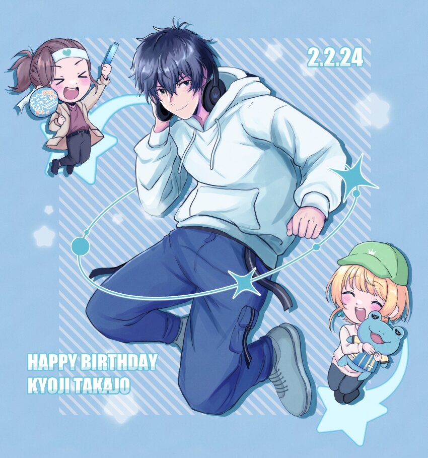 &gt;_&lt; 3boys absurdres adjusting_headphones asymmetrical_hair baseball_cap beit_(idolmaster) belt belt_buckle birthday black_belt black_footwear black_hair blonde_hair blue_background blue_eyes blue_footwear blue_pants blush blush_stickers brown_hair brown_jacket buckle chibi clenched_hands commentary dated dot_nose earrings english_commentary english_text glowstick green_eyes green_headwear hair_ornament hairclip hand_fan hand_fan_writing hands_up happy_birthday hat headband headphones headphones_around_neck heart heart_headband heterochromia highres holding holding_fan holding_glowstick holding_stuffed_toy holding_toy hood hood_down hoodie idolmaster idolmaster_side-m jacket jewelry kaerre light_blush light_smile mascot medium_hair multiple_boys open_clothes open_jacket pants pierre_bichelberger pocket ponytail red_shirt shirt shoes short_hair sidelocks smile solo_focus star_(symbol) straight_hair striped_background stuffed_animal stuffed_frog stuffed_toy swan_lake_(izzy) sweater swept_bangs takajo_kyoji teeth tongue toy upper_teeth_only watanabe_minori white_hoodie white_sweater