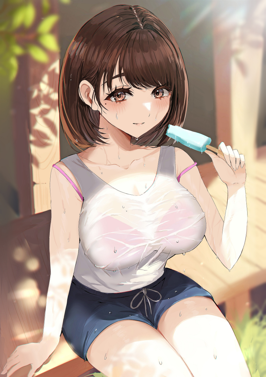 1girl absurdres bare_arms bare_shoulders bikini bikini_top_only bikini_under_clothes blue_shorts blurry blurry_foreground bob_cut breasts brown_eyes brown_hair cleavage collarbone dolphin_shorts enma_daio foliage food from_above highres large_breasts light_blush looking_at_viewer medium_hair mole mole_under_eye original outdoors pink_bikini popsicle see-through_clothes shade shirt short_shorts shorts sitting smile solo strap_slip summer sweat swept_bangs swimsuit tank_top thick_eyelashes wet wet_clothes wet_shirt white_shirt
