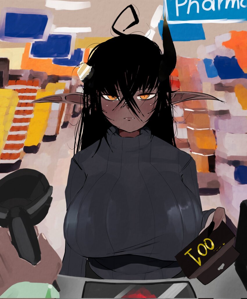 1girl ahoge black_hair black_horns black_nails breasts broken_horn buying_condoms closed_mouth commentary condom_box dark-skinned_female dark_skin english_commentary fingernails frown grey_sweater hair_between_eyes half-closed_eyes highres horns huge_breasts indoors long_bangs long_hair looking_at_viewer messy_hair okamoto_condoms orange_eyes original pointy_ears pov pov_hands shop single_horn solo_focus sweater upper_body weeze