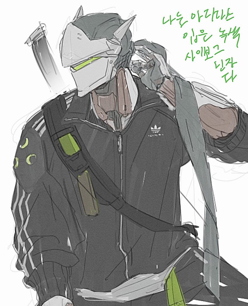 1boy adidas arm_up black_jacket black_pants collared_jacket commentary_request cowboy_shot cyborg genji_(overwatch) green_visor highres jacket katana korean_commentary korean_text ktixxc looking_to_the_side male_focus open_collar overwatch overwatch_1 pants simple_background sketch solo striped_clothes striped_jacket sword sword_on_back vertical-striped_clothes vertical-striped_jacket weapon weapon_on_back white_background zipper zipper_pull_tab
