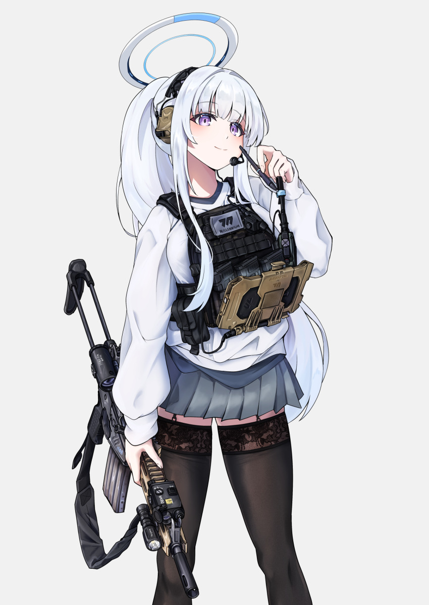 1girl absurdres alternate_costume alternate_hairstyle assault_rifle black_thighhighs blue_archive bulletproof_vest closed_mouth clov3r daewoo_k1 earpiece feet_out_of_frame grey_skirt gun halo highres holding holding_weapon long_hair looking_at_viewer millennium_science_school_logo miniskirt noa_(blue_archive) pleated_skirt ponytail purple_eyes rifle shirt simple_background skirt smile solo standing thighhighs very_long_hair weapon weapon_request white_background white_hair white_halo white_shirt