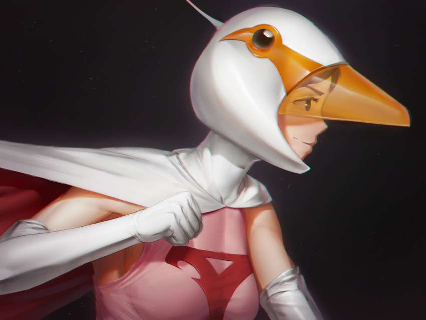 1girl bird black_background breasts clenched_hand cloak closed_mouth commentary elbow_gloves english_commentary gatchaman gloves goose green_eyes helmet highres jun_the_swan light_particles numanoan pink_shirt profile shirt short_hair small_breasts smile solo upper_body white_cloak white_gloves