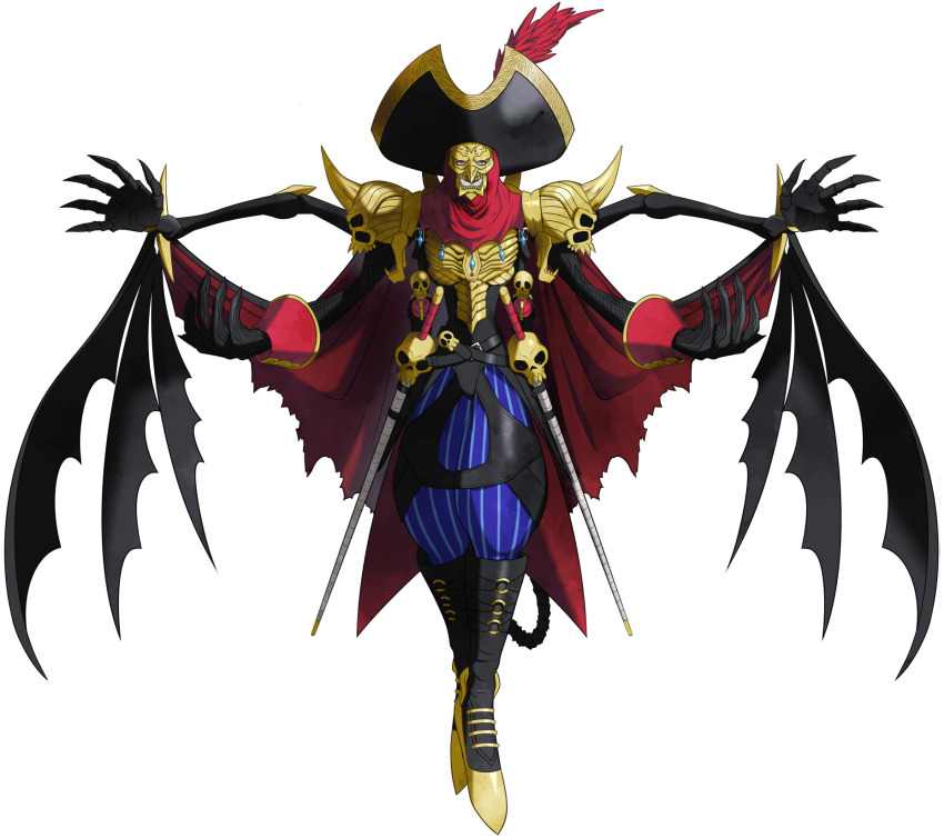 1boy bandai claws demon demon_wings digimon digimon_(creature) digimon_survive extra_arms full_body hat highres looking_at_viewer official_art pirate_hat red_eyes simple_background sword voltobautamon weapon wings