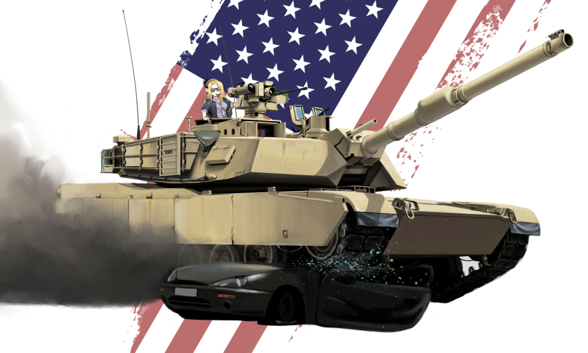&#039;murica 1girl american_flag antennae autozam autozam_az-3 blonde_hair blue_jacket blue_shirt breasts broken_glass browning_m2 car caterpillar_tracks chinese_commentary closed_mouth commentary_request crushing glass grey_car gun hair_ornament headset heavy_machine_gun highres jacket m1_abrams machine_gun manually-operated_mounted_gun mazda mazda_mx-3 medium_breasts military military_vehicle mo_yu_de_jiaozi motor_vehicle open_clothes open_jacket original partial_commentary reactive_armor shirt simple_background sleeves_rolled_up smoke smoke_grenade_launcher solo sunglasses tank tank_turret vehicle_focus weapon white_background wreckage