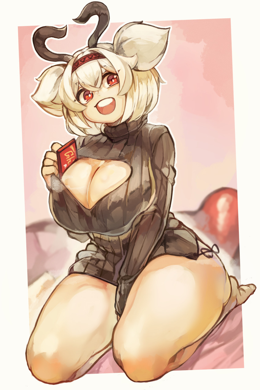 1girl absurdres alternate_costume alvis_(last_origin) breasts character_request cleavage cleavage_cutout clothing_cutout female_focus highres huge_breasts kneeling large_breasts larribee last_origin legs open_mouth outline pink_background red_eyes shiny_skin short_hair smile solo standing sweat thick_thighs thighs turtleneck white_hair white_outline wide_hips