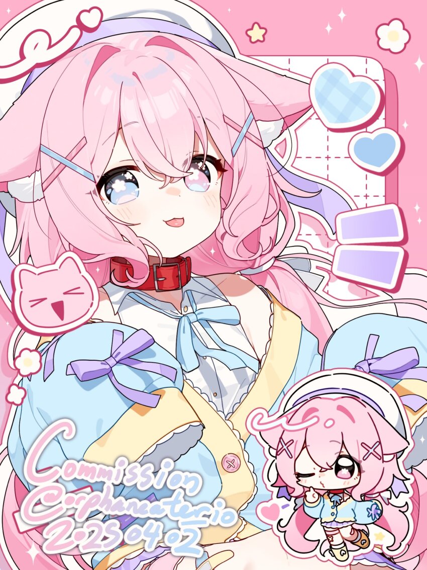 1girl :3 :p animal_ear_fluff animal_ears bandaid bandaid_on_leg bare_shoulders belt_collar blue_bandaid blue_eyes blue_jacket blue_ribbon blush breasts buttons cat_ears cat_girl chibi chibi_inset collar collared_shirt commission crossed_bandaids dated dress_shirt flower_in_eye flower_symbol frilled_jacket frills grid_background hair_between_eyes hair_intakes hair_ornament hair_ribbon hat heart heterochromia highres jacket jacket_partially_removed long_hair long_sleeves looking_at_viewer low_twintails multicolored_jacket neck_ribbon open_clothes open_jacket original orphaneater_io outline pink_background pink_eyes pink_hair purple_ribbon purple_skirt purple_trim red_collar ribbon sailor_hat shirt sidelocks skirt sleeve_ribbon sleeveless sleeveless_shirt sleeves_past_fingers sleeves_past_wrists small_breasts symbol_in_eye tongue tongue_out twintails twitter_username two-tone_jacket very_long_hair white_background white_hat white_outline white_ribbon white_shirt wing_collar x_hair_ornament yellow_bandaid yellow_jacket