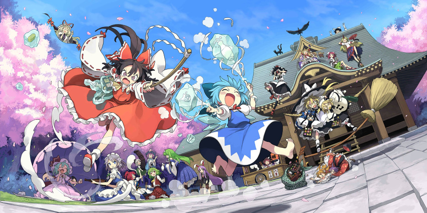 &gt;_&lt; 6+girls :d ^_^ alcohol apron ascot barefoot bat_wings black_hair black_hat black_ribbon black_skirt black_socks blonde_hair blue_bow blue_dress blue_eyes blue_hair blue_skirt blue_sky blush bottle bow broom broom_surfing camera cherry_blossoms choko_(cup) chopsticks cirno closed_eyes commentary cup day detached_sleeves dithering dress english_commentary falling falling_petals food frilled_bow frilled_hair_tubes frilled_skirt frills frozen game_cg gap_(touhou) geta ghost glutton gohei green_hair grey_hair hair_bow hair_tubes hakurei_reimu hakurei_shrine hat hat_bow highres holding holding_bottle holding_camera holding_chopsticks holding_cup holding_gohei hoshiguma_yuugi ibaraki_kasen ibuki_suika ice ice_wings inaba_tewi izayoi_sakuya kaenbyou_rin kaenbyou_rin_(cat) kazami_yuuka kirisame_marisa kneehighs kochiya_sanae konpaku_youmu konpaku_youmu_(ghost) long_hair long_sleeves luna_child mob_cap morino_hon multiple_girls mystia_lorelei official_art on_roof onozuka_komachi open_mouth orange_hair outdoors parasol petals pink_hat pink_petals pink_shirt pink_skirt plaid_clothes plaid_skirt plaid_vest pom_pom_(clothes) puffy_short_sleeves puffy_sleeves purple_hair rabbit red_bow red_hair red_hat red_ribbon red_shirt red_skirt reisen_udongein_inaba reiuji_utsuho reiuji_utsuho_(bird) remilia_scarlet ribbon ribbon-trimmed_sleeves ribbon_trim saigyouji_yuyuko sakazuki shameimaru_aya shirt short_hair short_sleeves shrine sitting skirt skirt_set sky smile socks star_sapphire sukuna_shinmyoumaru sunny_milk sweatdrop tengu-geta third-party_source tokin_hat touhou touhou_lostword tree umbrella vest waist_apron white_bow white_shirt white_socks wings witch_hat yakumo_yukari yellow_ascot