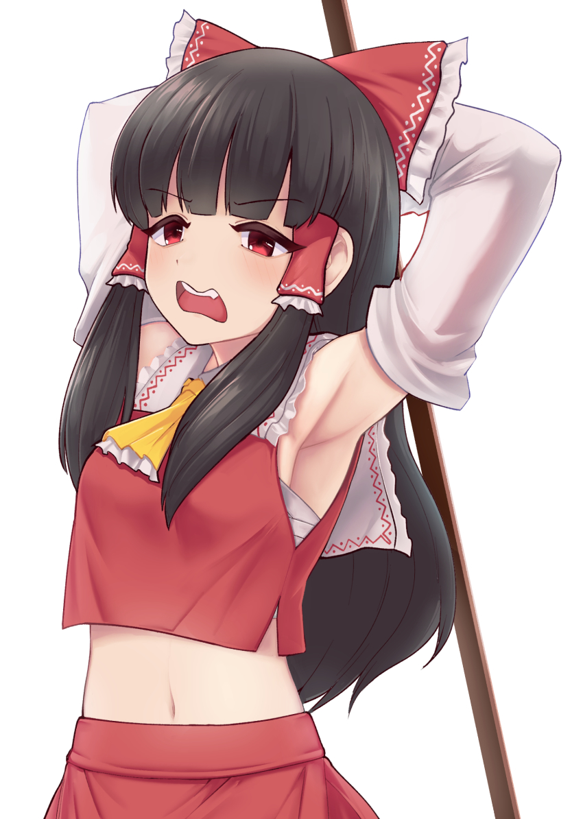 1girl armpits arms_behind_head black_hair bow breasts detached_sleeves hair_bow hair_tubes hakurei_reimu highres jacy long_hair medium_breasts midriff navel nontraditional_miko red_eyes red_skirt sarashi skirt solo touhou upper_body