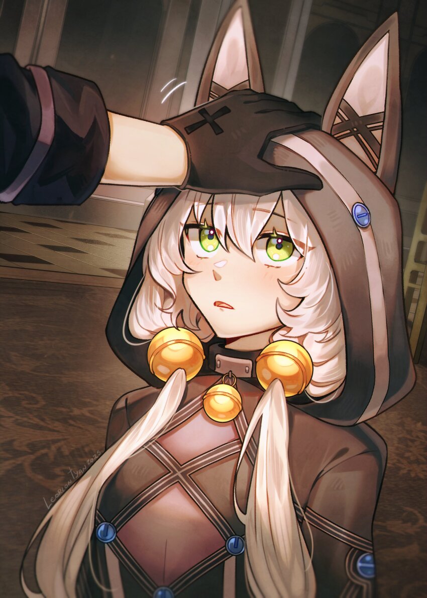 1boy 1girl absurdres altina_orion animal_ear_hood animal_ears bell black_gloves blush breasts carpet choker cleavage_cutout clothing_cutout eiyuu_densetsu fake_animal_ears gloves green_eyes hair_between_eyes headpat highres hood indoors jingle_bell leorlontyan long_hair long_sleeves neck_bell rabbit_ears rean_schwarzer sen_no_kiseki sen_no_kiseki_(series) sen_no_kiseki_ii sidelocks small_breasts white_hair
