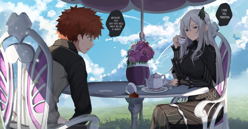 1boy 1girl absurdres black_capelet black_dress blush book breasts bug butterfly butterfly_hair_ornament cake capelet chair colored_eyelashes commentary crossover dress echidna_(re:zero) emiya_shirou fate/stay_night fate_(series) flower food green_butterfly hair_between_eyes hair_ornament highres igote insect large_breasts long_hair long_sleeves looking_at_viewer on_chair plate re:zero_kara_hajimeru_isekai_seikatsu red_hair shokobr sitting smile table vase white_eyelashes white_hair