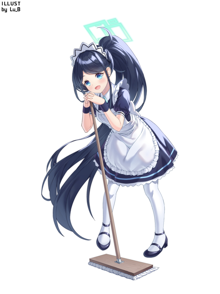 1girl :d absurdres apron aqua_halo aqua_ribbon aris_(blue_archive) aris_(maid)_(blue_archive) artist_name black_dress black_hair black_shoes black_wrist_cuffs blue_archive blue_eyes blush breasts collared_dress commentary contrast_collar dress english_commentary floating_hair frilled_apron frilled_dress frills full_body halo highres interlocked_fingers leaning_forward leaning_on_broom leaning_on_object long_hair looking_at_viewer lu_b maid maid_apron maid_headdress mary_janes mop neck_ribbon official_alternate_costume official_alternate_hairstyle open_mouth own_hands_together pantyhose parted_bangs ponytail puffy_short_sleeves puffy_sleeves rectangular_halo ribbon shoes short_sleeves sidelocks simple_background small_breasts smile solo standing very_long_hair white_apron white_background white_headdress white_pantyhose wrist_cuffs