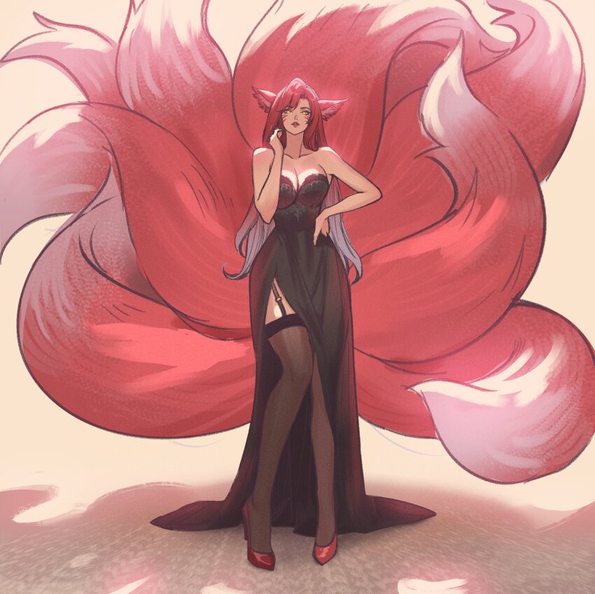 1girl absurdres animal_ears breasts chaosringen cleavage cocktail_dress dress evening_gown facial_mark fox_ears fox_girl fox_tail full_body garter_straps high_heels highres kitsune kyuubi large_breasts large_tail long_hair looking_at_viewer multiple_tails original parted_lips red_hair side_slit sidelocks solo standing tail thighhighs whisker_markings yellow_eyes